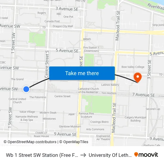 Wb 1 Street SW Station (Free Fare Zone) to University Of Lethbridge map