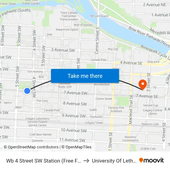 Wb 4 Street SW Station (Free Fare Zone) to University Of Lethbridge map