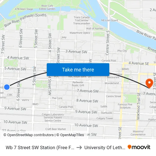 Wb 7 Street SW Station (Free Fare Zone) to University Of Lethbridge map