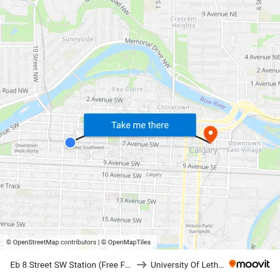 Eb 8 Street SW Station (Free Fare Zone) to University Of Lethbridge map