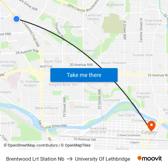Brentwood Lrt Station Nb to University Of Lethbridge map