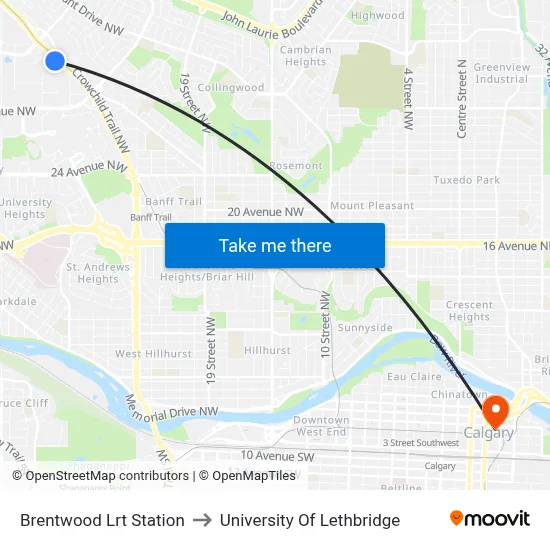 Brentwood Lrt Station to University Of Lethbridge map