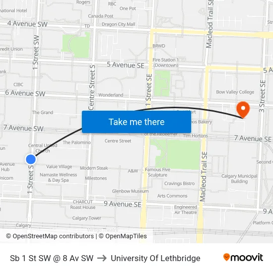 Sb 1 St SW @ 8 Av SW to University Of Lethbridge map