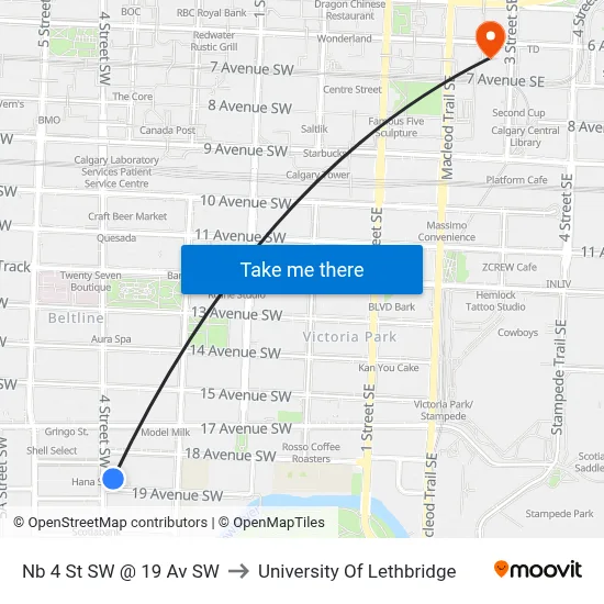 Nb 4 St SW @ 19 Av SW to University Of Lethbridge map