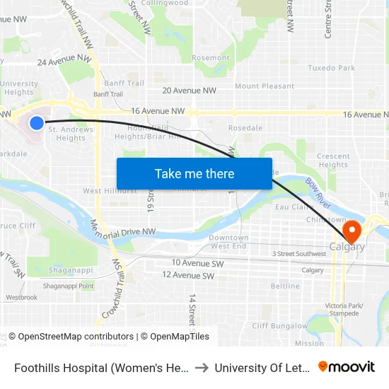 Foothills Hospital (Women's Health Centre) to University Of Lethbridge map