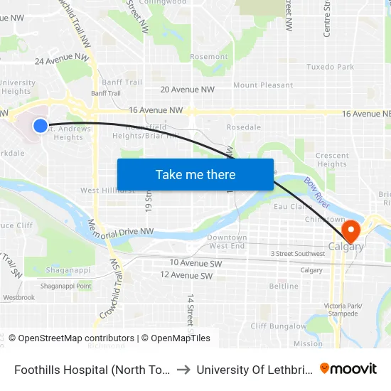 Foothills Hospital (North Tower) to University Of Lethbridge map