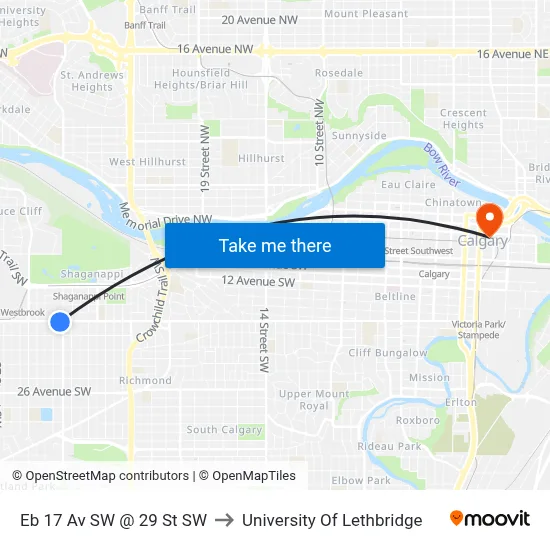Eb 17 Av SW @ 29 St SW to University Of Lethbridge map