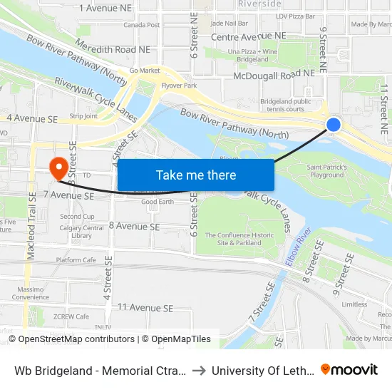 Wb Bridgeland - Memorial Ctrain Station to University Of Lethbridge map