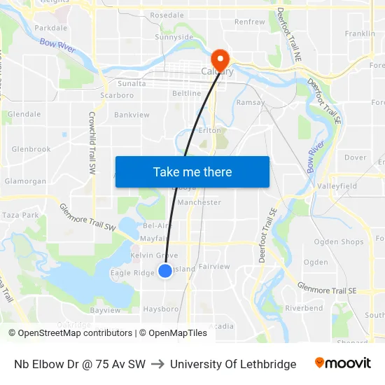 Nb Elbow Dr @ 75 Av SW to University Of Lethbridge map