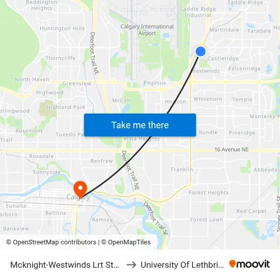 Mcknight-Westwinds Lrt Station to University Of Lethbridge map