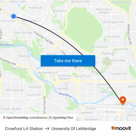 Crowfoot Lrt Station to University Of Lethbridge map
