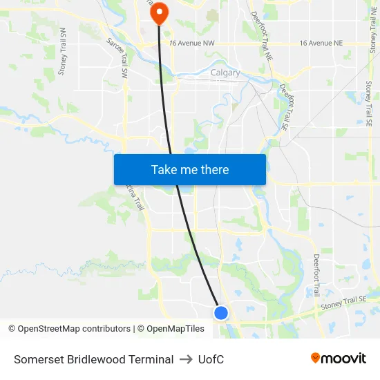Somerset Bridlewood Terminal to UofC map