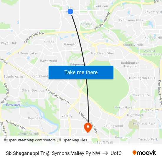Sb Shaganappi Tr @ Symons Valley Py NW to UofC map