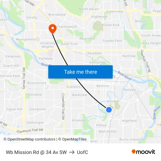 Wb Mission Rd @ 34 Av SW to UofC map
