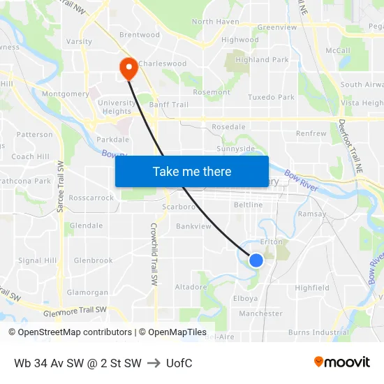 Wb 34 Av SW @ 2 St SW to UofC map
