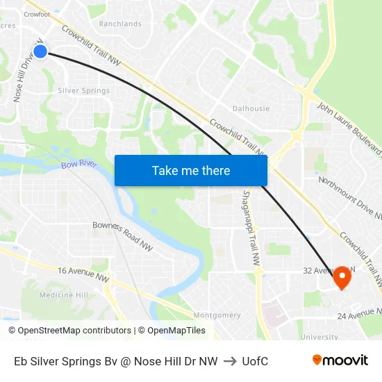 Eb Silver Springs Bv @ Nose Hill Dr NW to UofC map