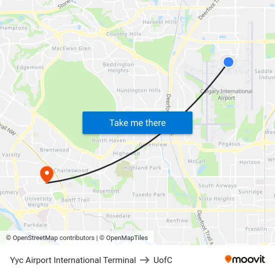 Yyc Airport International Terminal to UofC map
