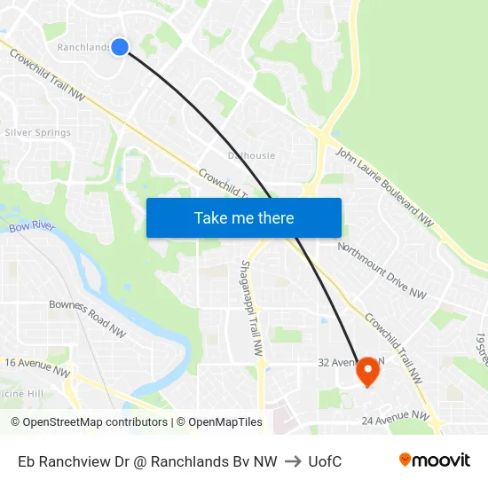 Eb Ranchview Dr @ Ranchlands Bv NW to UofC map