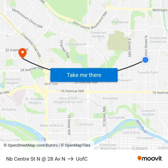 Nb Centre St N @ 28 Av N to UofC map