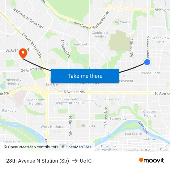 28th Avenue N Station (Sb) to UofC map