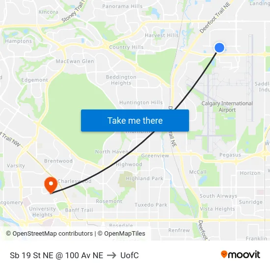 Sb 19 St NE @ 100 Av NE to UofC map