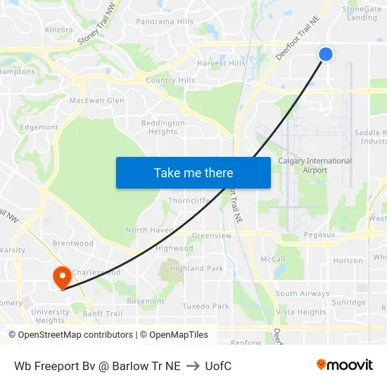 Wb Freeport Bv @ Barlow Tr NE to UofC map