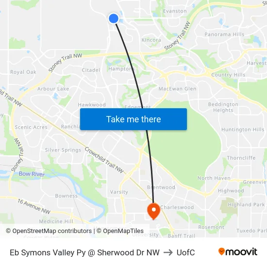 Eb Symons Valley Py @ Sherwood Dr NW to UofC map