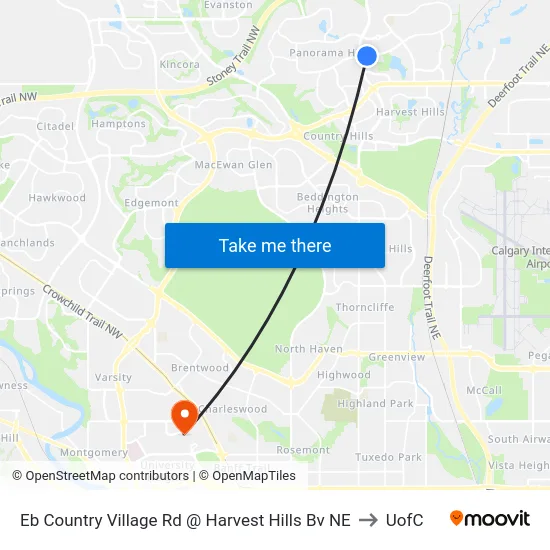Eb Country Village Rd @ Harvest Hills Bv NE to UofC map