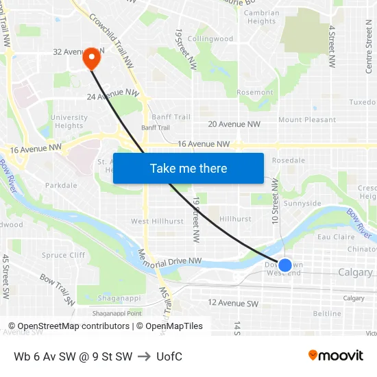 Wb 6 Av SW @ 9 St SW to UofC map