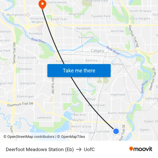 Deerfoot Meadows Station (Eb) to UofC map