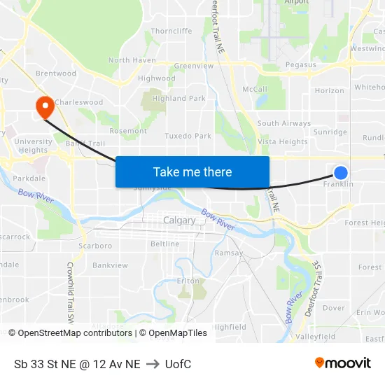 Sb 33 St NE @ 12 Av NE to UofC map