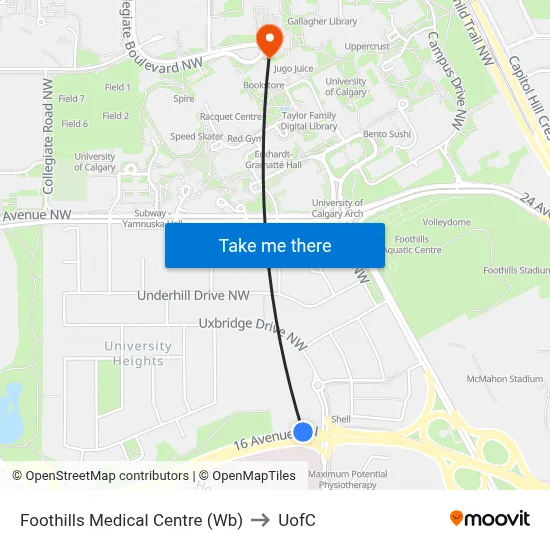 Foothills Medical Centre (Wb) to UofC map