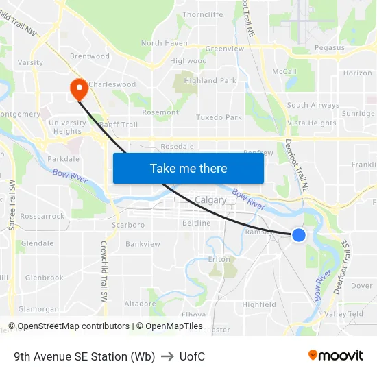 9th Avenue SE Station (Wb) to UofC map