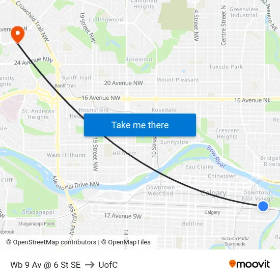 Wb 9 Av @ 6 St SE to UofC map
