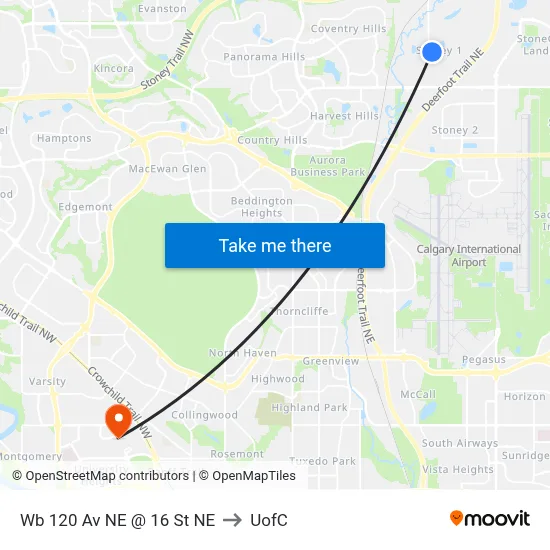 Wb 120 Av NE @ 16 St NE to UofC map