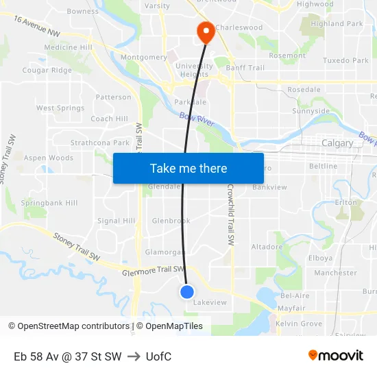 Eb 58 Av @ 37 St SW to UofC map