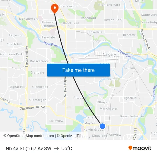 Nb 4a St @ 67 Av SW to UofC map