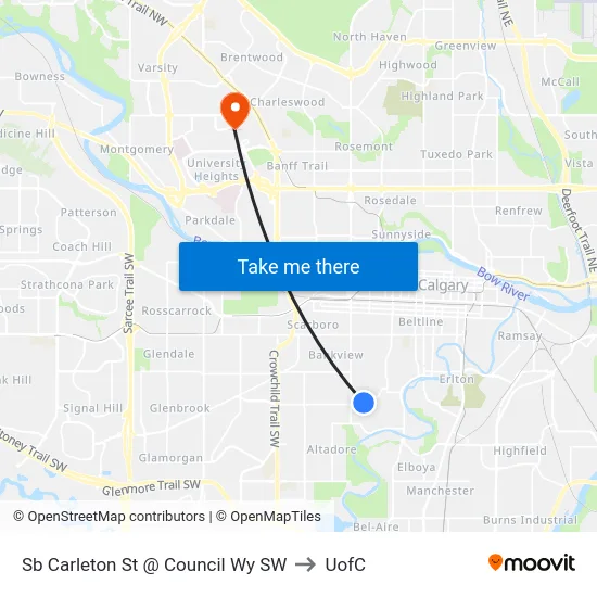 Sb Carleton St @ Council Wy SW to UofC map