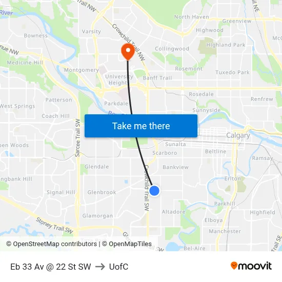 Eb 33 Av @ 22 St SW to UofC map