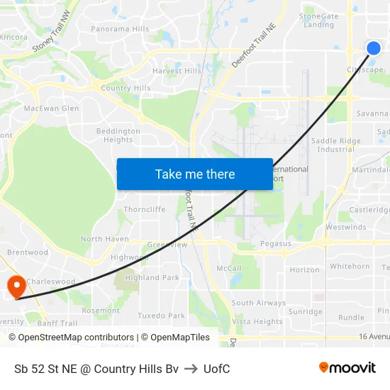 Sb 52 St NE @ Country Hills Bv to UofC map