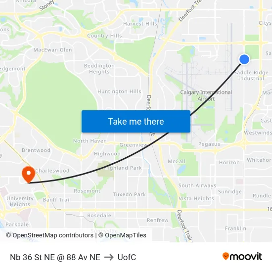 Nb 36 St NE @ 88 Av NE to UofC map