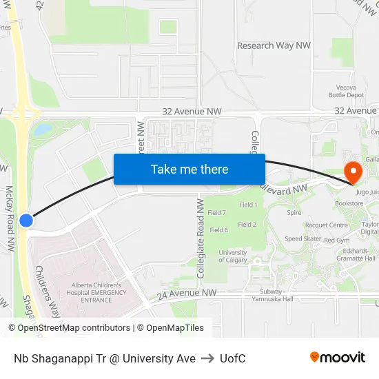 Nb Shaganappi Tr @ University Ave to UofC map