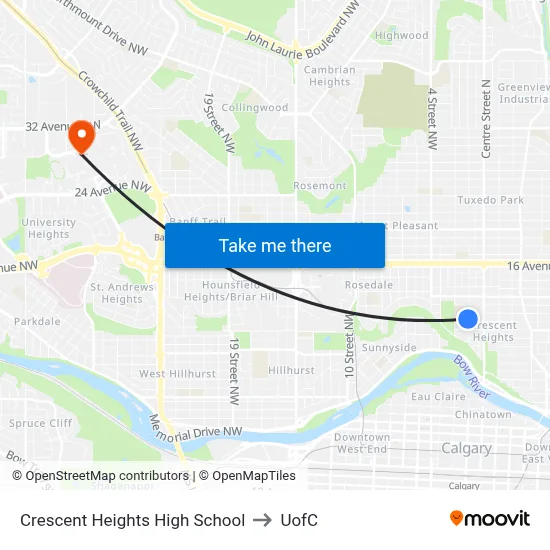 Crescent Heights High School to UofC map