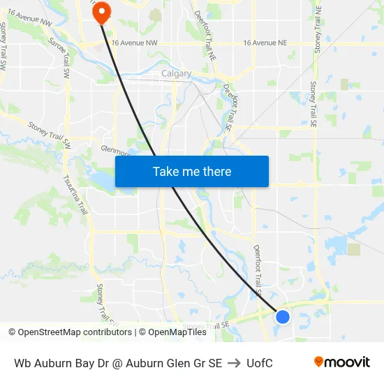Wb Auburn Bay Dr @ Auburn Glen Gr SE to UofC map