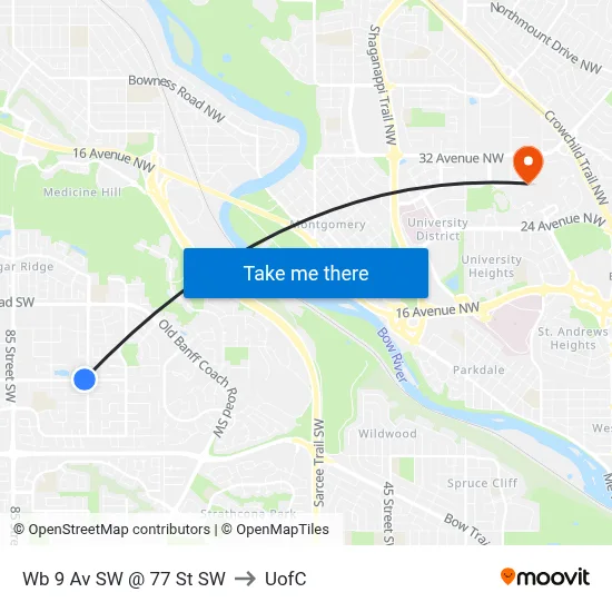 Wb 9 Av SW @ 77 St SW to UofC map