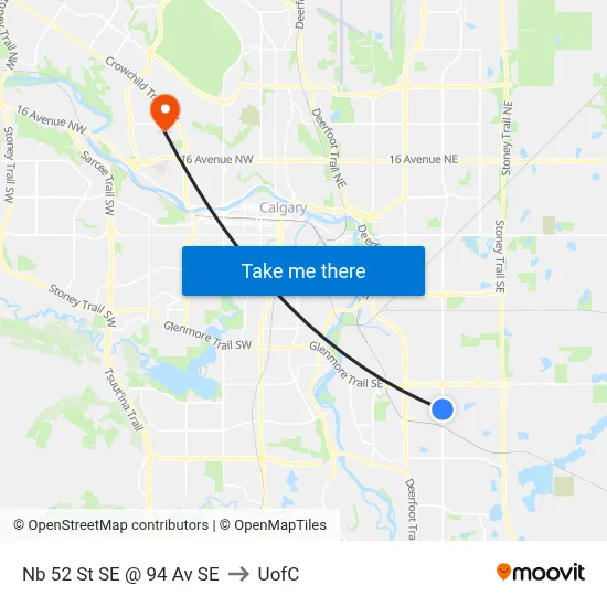 Nb 52 St SE @ 94 Av SE to UofC map
