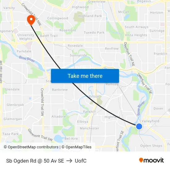 Sb Ogden Rd @ 50 Av SE to UofC map