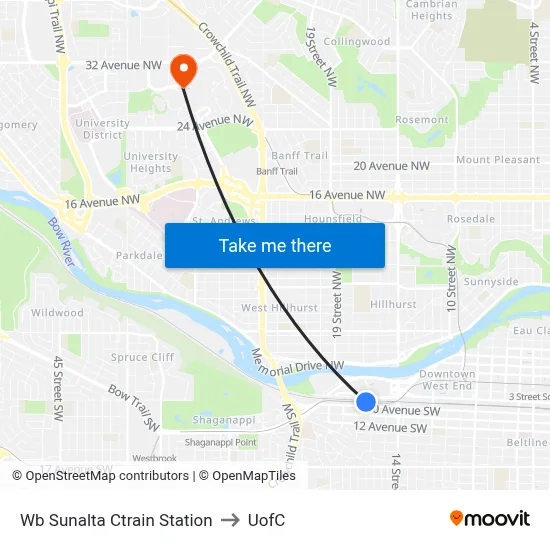 Wb Sunalta Ctrain Station to UofC map