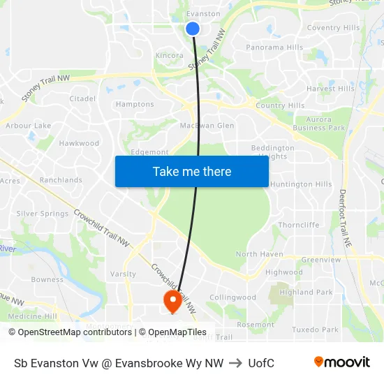 Sb Evanston Vw @ Evansbrooke Wy NW to UofC map