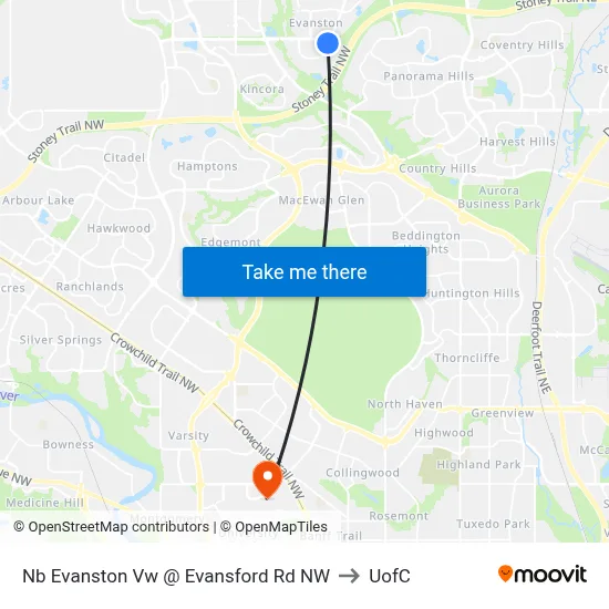 Nb Evanston Vw @ Evansford Rd NW to UofC map